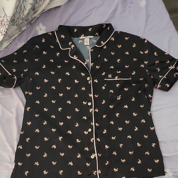 Victoria's Secret Tops - Victoria's Secret Black Button Down Shirt with Pink Floral Pattern